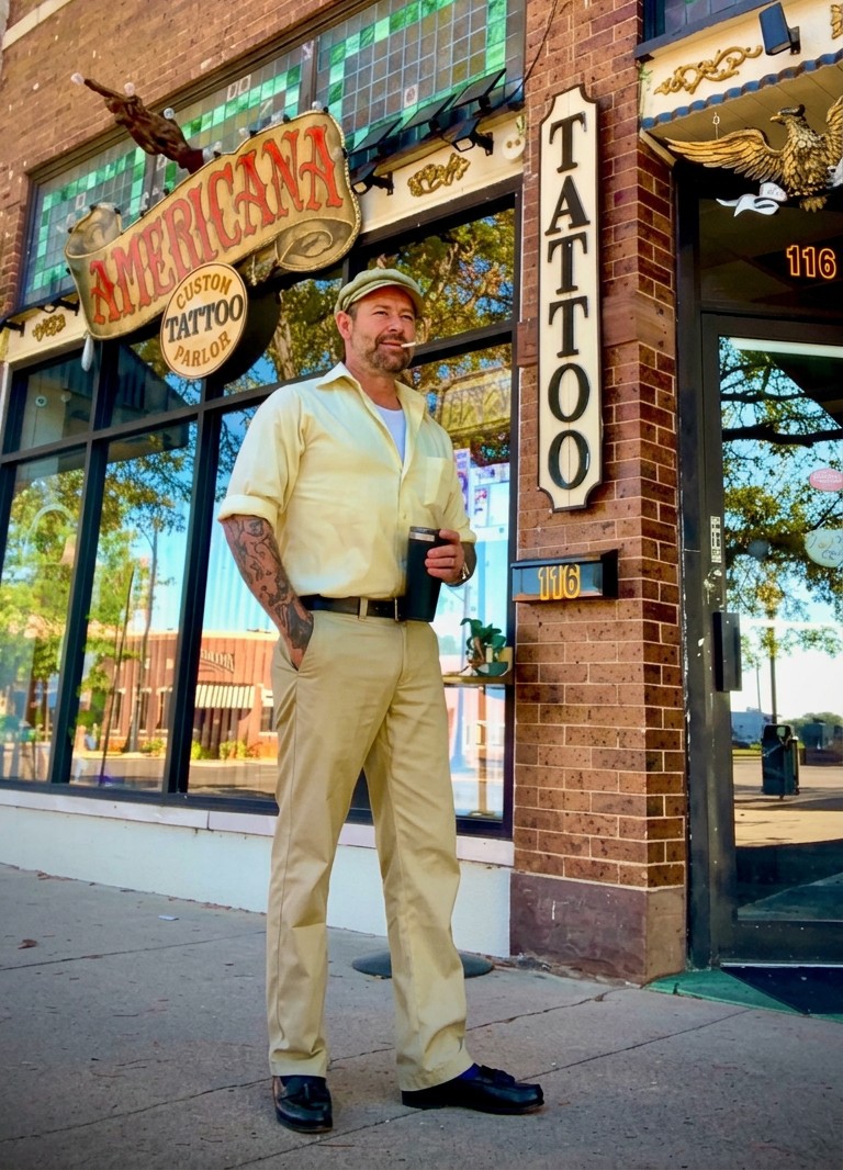 Jesse Lee Vaughn outside Americana Custom Tattoo Parlor